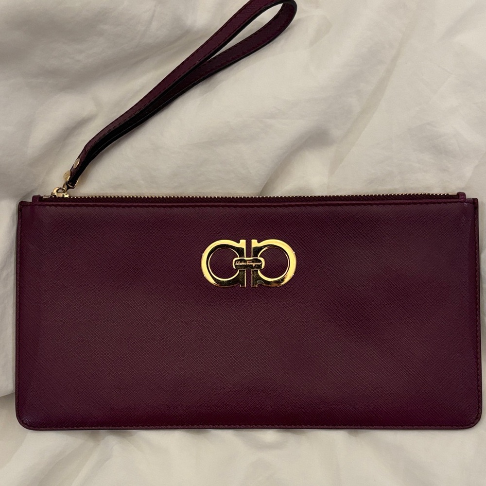 Salvatore Ferragamo Burgundy Wristlet with Gold Hardware
